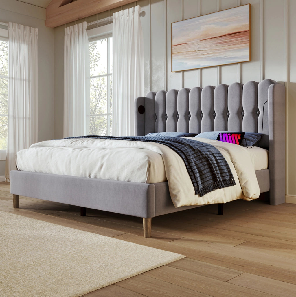 Letto imbottito 140x200 cm in lino grigio con USB e Type-C