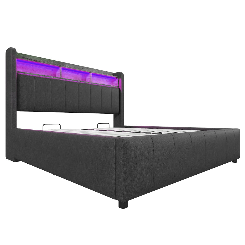 Letto contenitore 160 × 200 cm imbottito con LED USB e Type-C testiera con ripiani in tessuto grigio