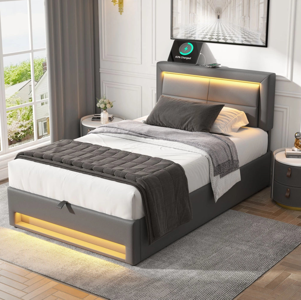 Letto imbottito singolo 90x200 cm con LED, USB e ricarica wireless