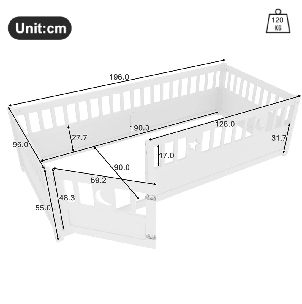 Letto per bambini 90x190 cm con spondine di sicurezza e chiusura; in pino e multistrato bianco
