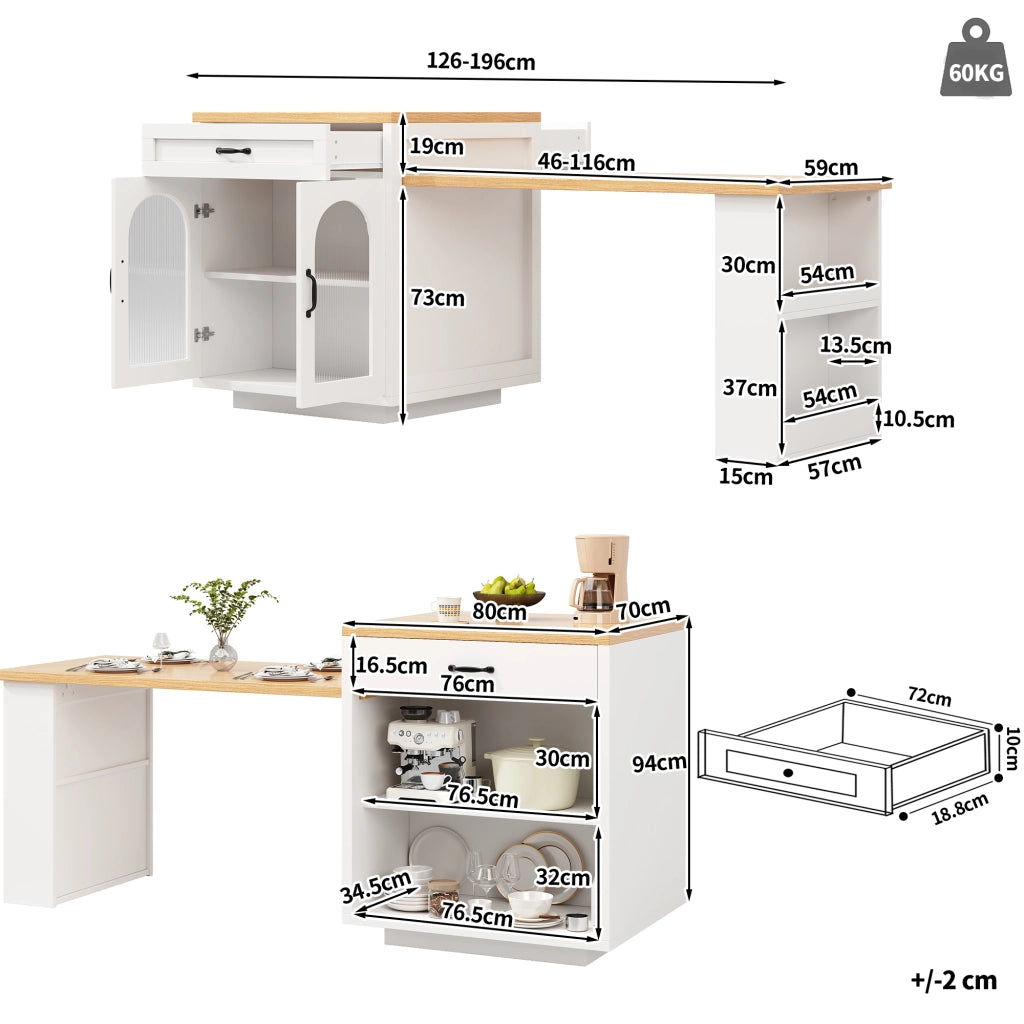 Mobile base da cucina con piano allungabile LED RGB 2 cassetti ante in vetro MDF bianco