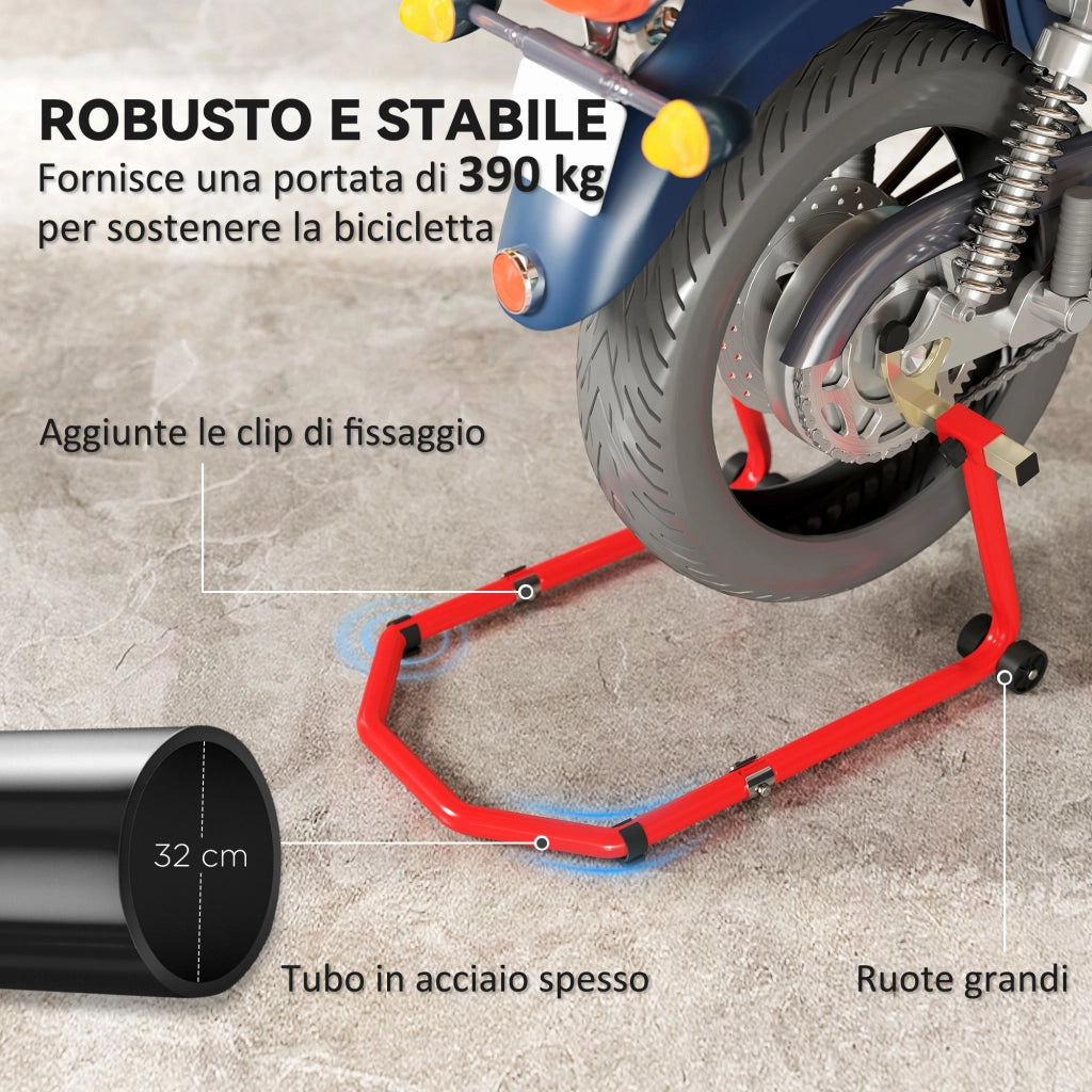 Cavalletto Moto Anteriore e Posteriore 390 kg, Forcelle a U e L, Supporto Alzamoto Regolabile e Robusto per Garage e Officina, Rosso