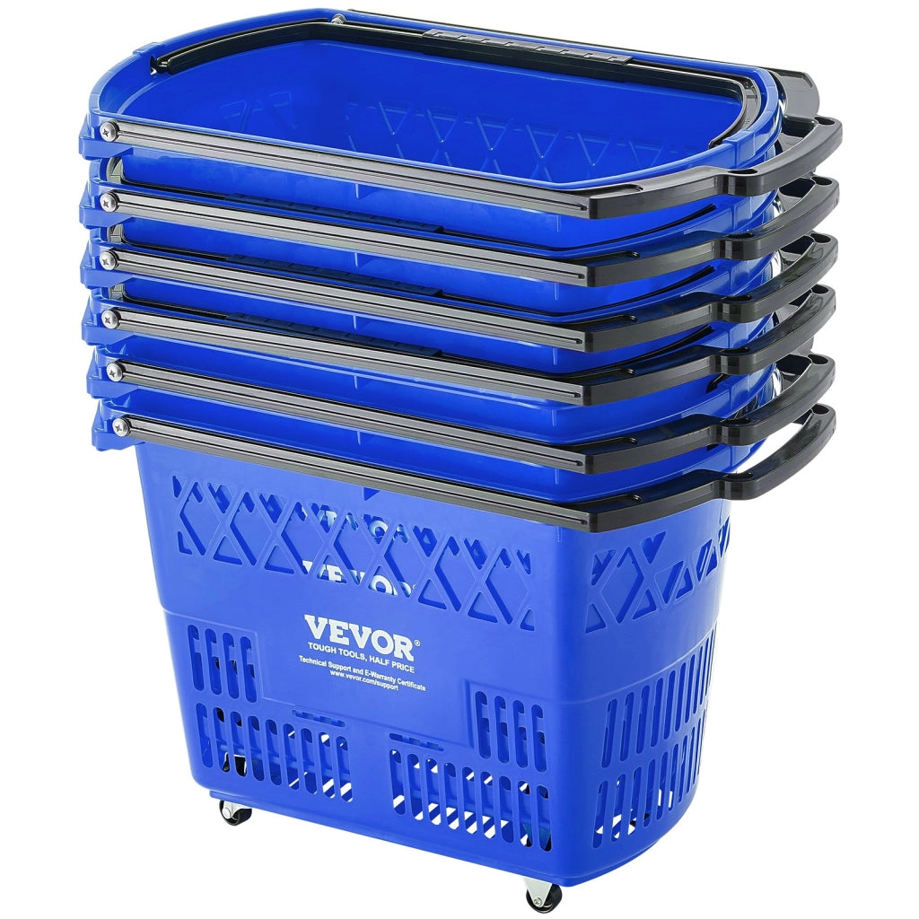 Set 6 Cestini Spesa con Ruote e Manico in Plastica PE Blu 39 L Carrello Portatile per Negozi e Supermercati LB-B027-7