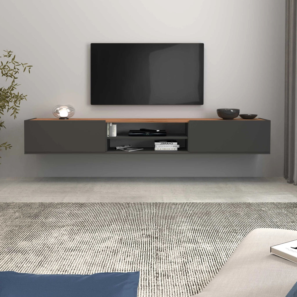 WHOUS Mobile porta tv Garda 2 ante e 1 ripiano centrale antracite opaco e rovere 210x35x30 cm