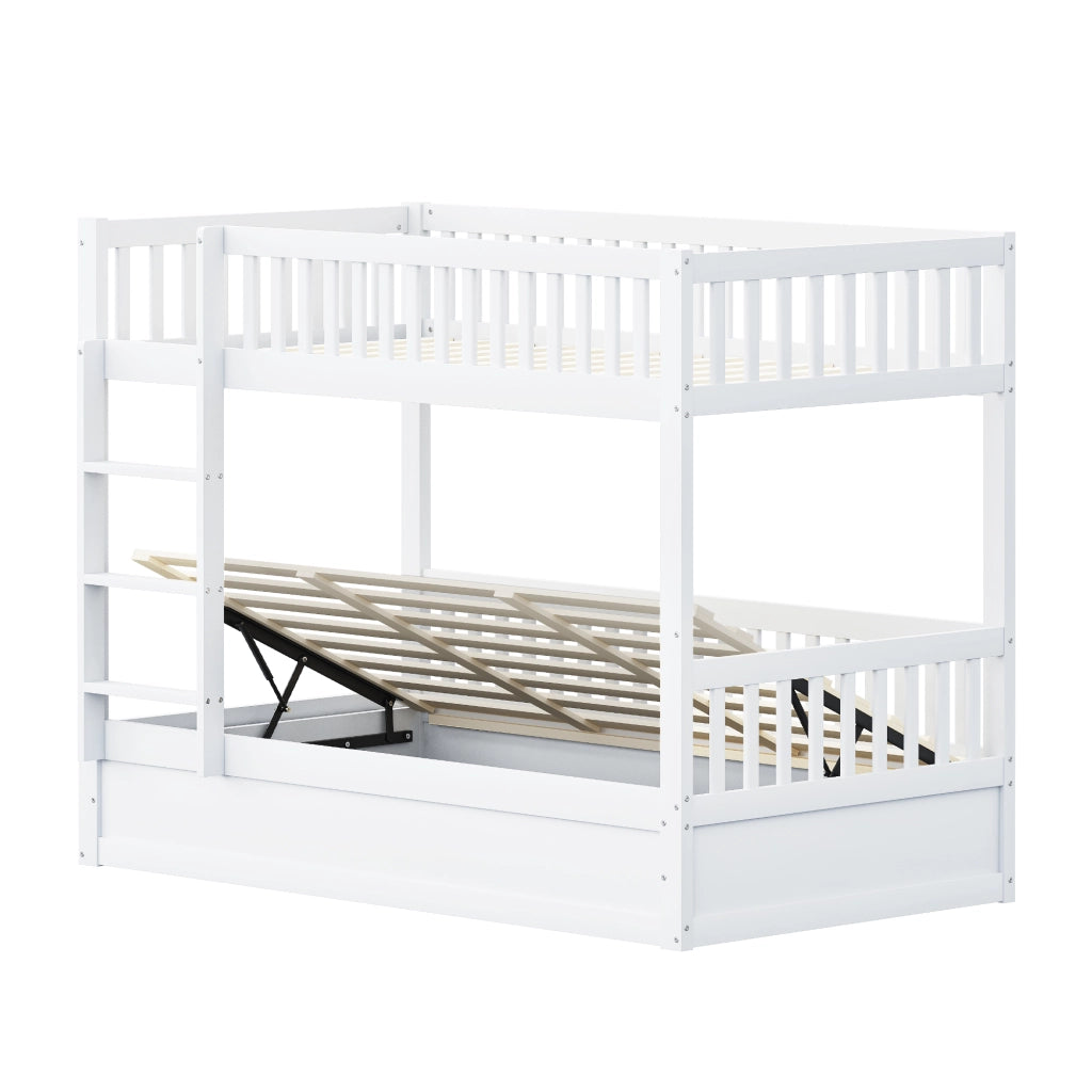 Letto a castello 90×200 cm con vano contenitore idraulico, senza materasso, in legno bianco