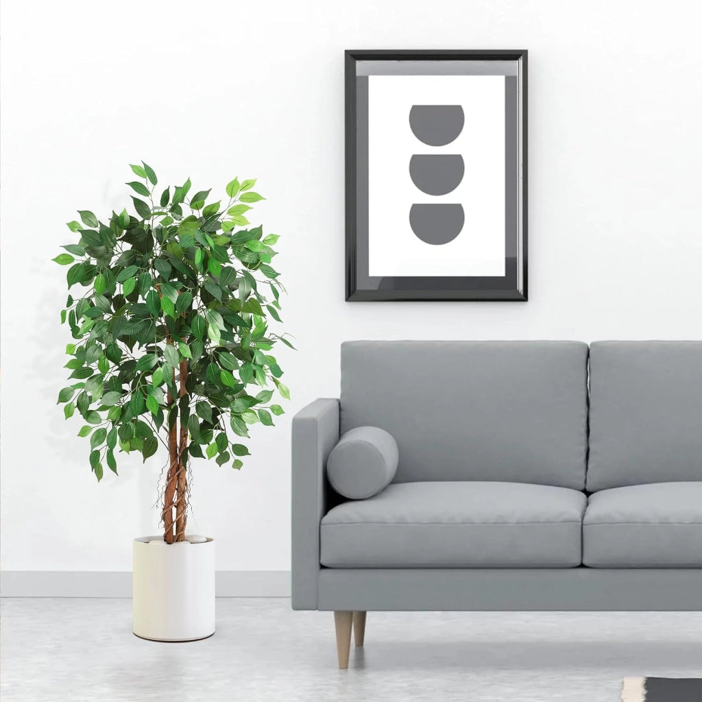 Ficus Artificiale 122 cm con Tronco in Legno Naturale e Vaso per Camera e Salotto