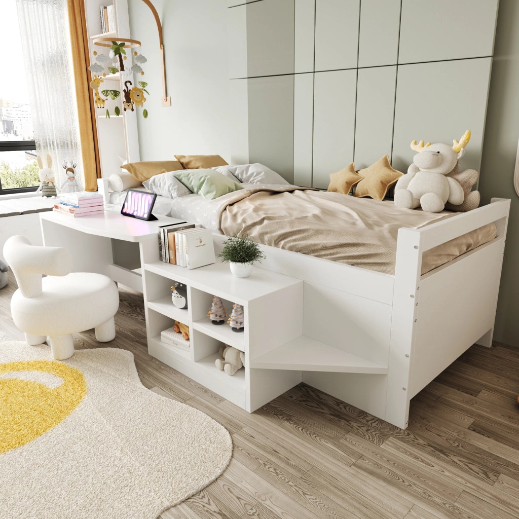 Letto per bambini in legno 90 x 200 cm con scomparti e scrivania con prese standard europeo, letto singolo - Bianco