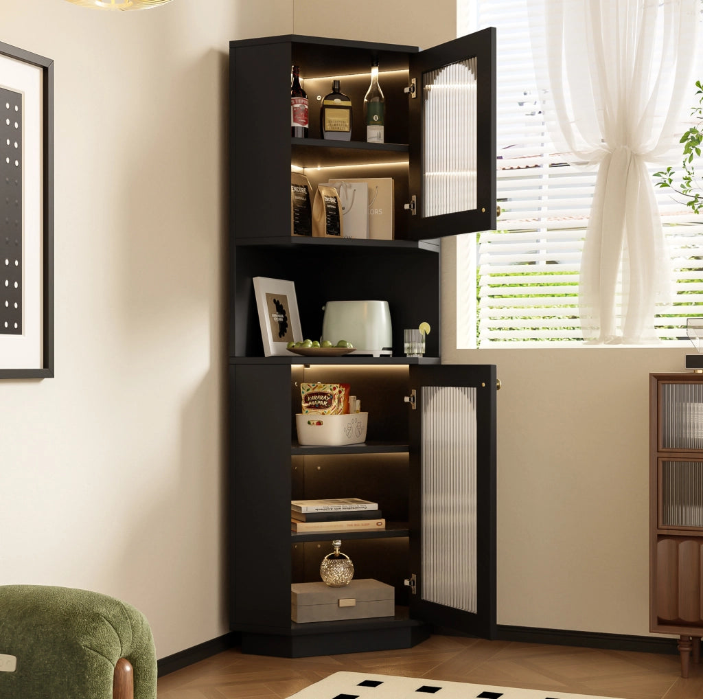 Mobile da bagno angolare nero con luci LED, 45x45x166,5 cm, con ripiani regolabili e vano aperto