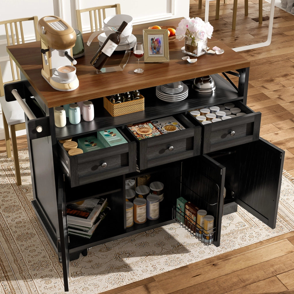 Isola cucina mobile nera con piano pieghevole e ruote