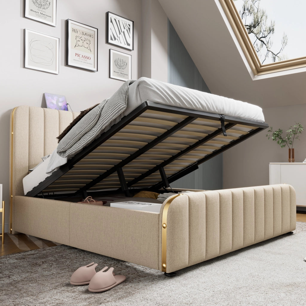 Letto matrimoniale imbottito 180x200 cm in lino beige con USB Type-C; contenitore e materasso incluso