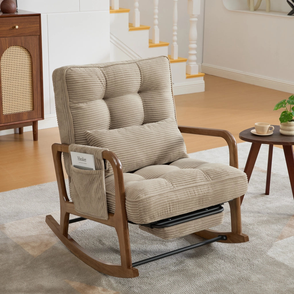 Sedia a dondolo - Poltrona reclinabile - Per cameretta - Poltrona - Ergonomica - Schienale regolabile - Con tasche laterali - Con poggiapiedi - Con supporto lombare - Gambe in legno - Design moderno - In tessuto