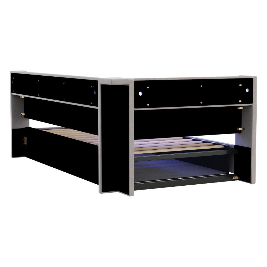 Divano letto 90 × 200 cm con vano contenitore idraulico; ripiani; LED; prese USB e Type-C in velluto grigio chiaro