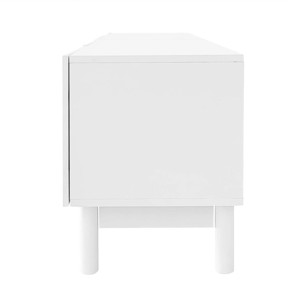 Mobile TV bianco 169x35x45,5 cm con ante ondulate, ripiani e gambe