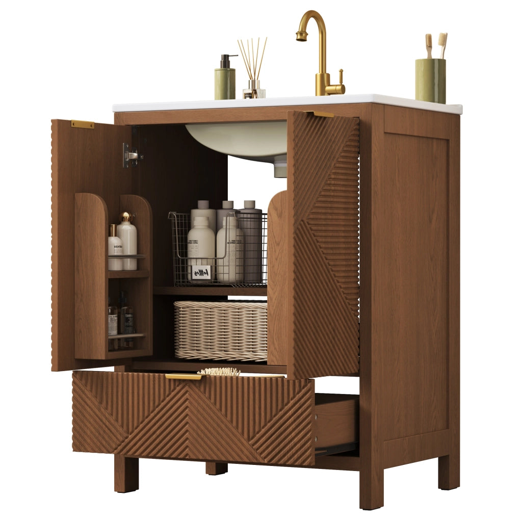 Mobile bagno a pavimento con lavabo in ceramica 61x47 cm; 2 ante e cassetto; noce HOMVRA