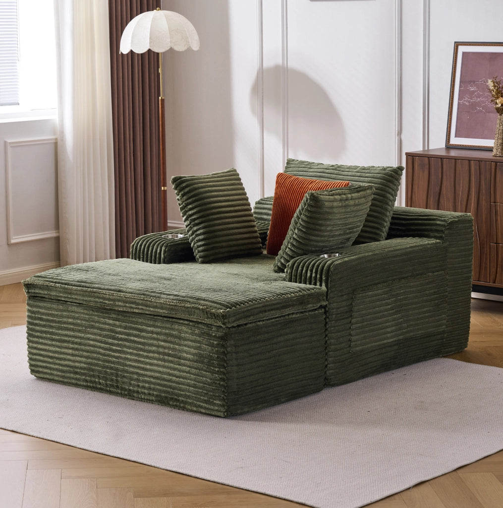 Divano da pavimento ULEVR con chaise longue, 3 cuscini, portabicchieri e cuscino coperta 2 in 1, velluto a coste verde