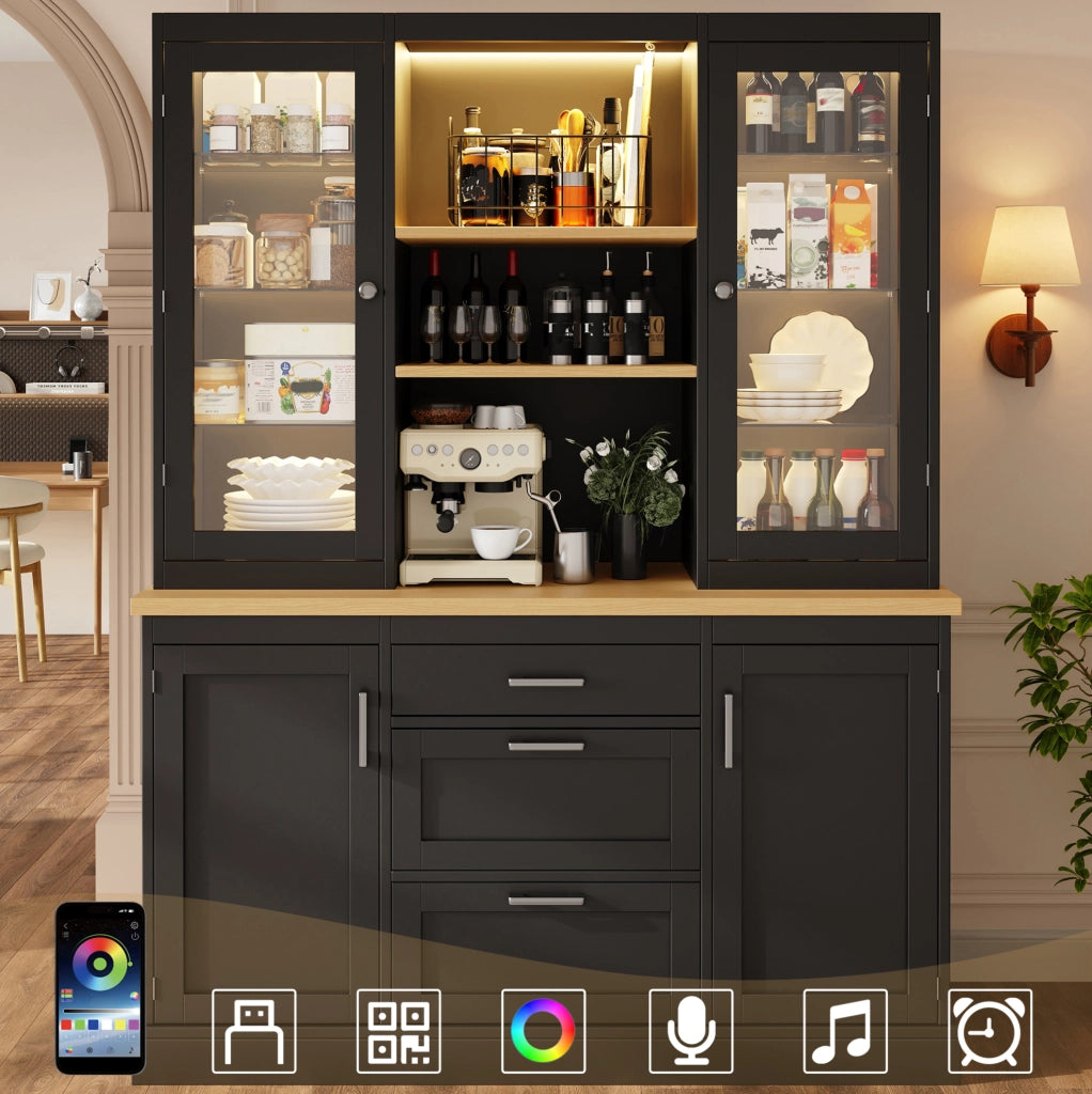 Mobile da cucina 140x40x185 cm in MDF nero con LED RGB e contenitore