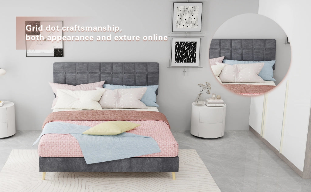 Letto matrimoniale 140 ¡Á 200 cm in velluto grigio con testiera imbottita trapuntata e struttura in legno