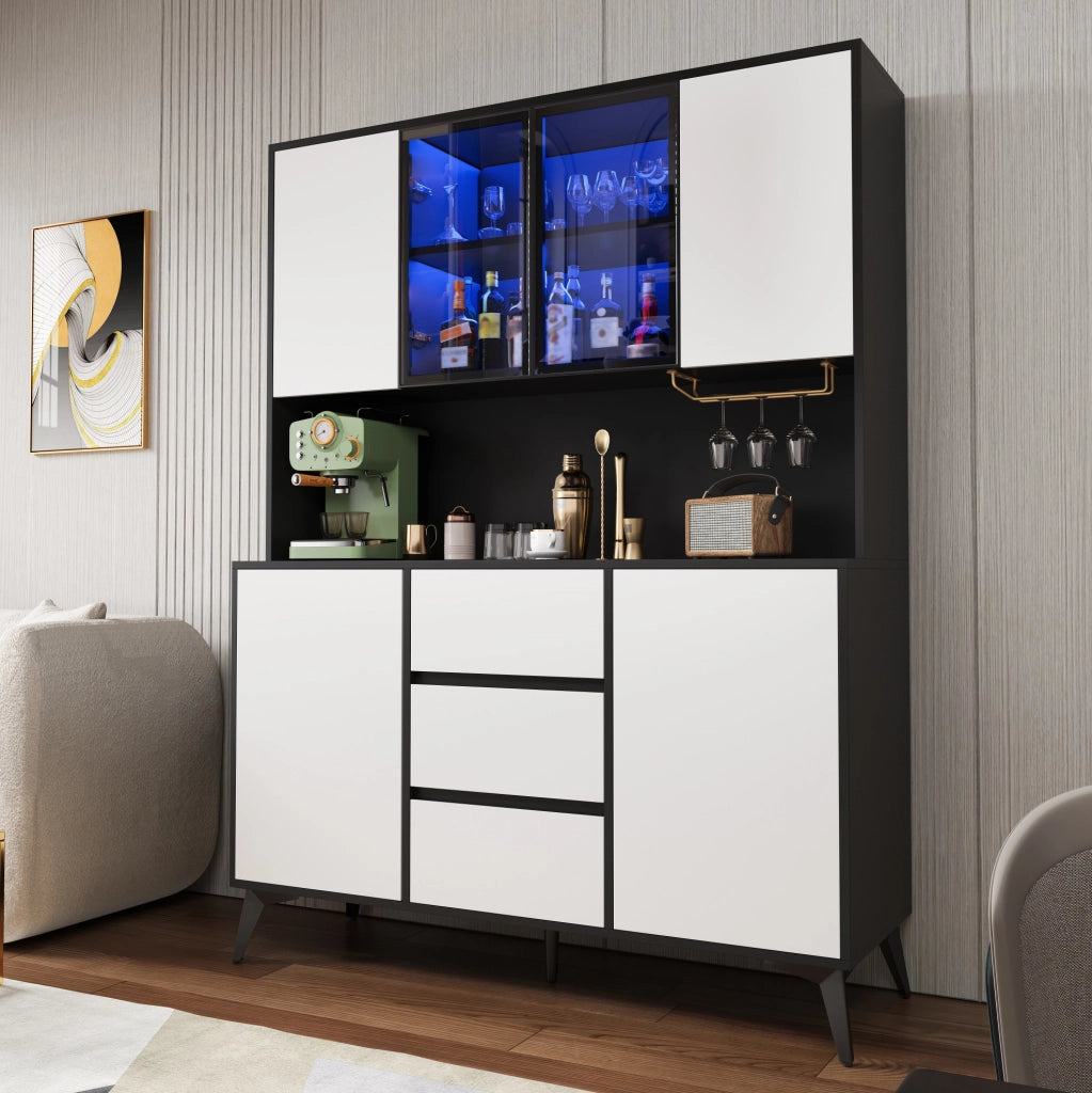 Credenza alta 120 cm con vetrina LED e portabicchieri