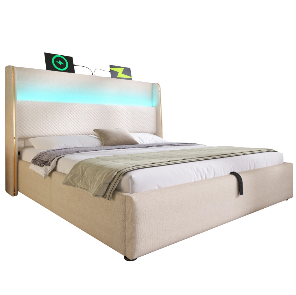 Letto idraulico 180x200 cm in lino beige con LED, contenitore e materasso