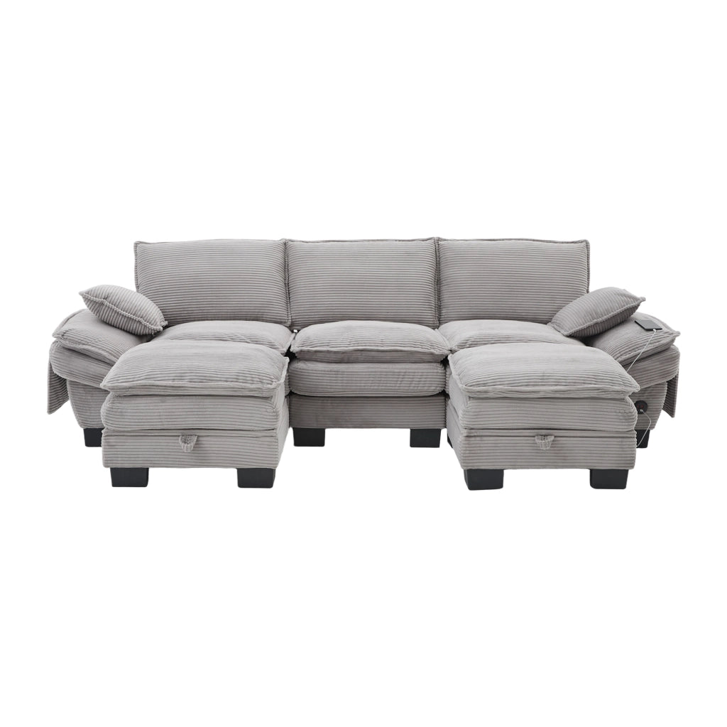 Divano modulare 3 posti con 2 pouf; USB-C e tasche laterali; 260x132x84 cm; velluto a coste grigio chiaro