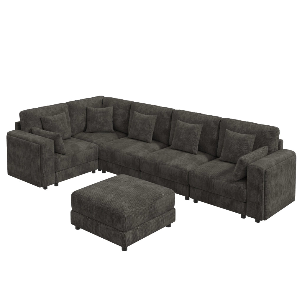 Divano modulare 6 posti a L o U con pouf; USB e tipo C; ciniglia; grigio