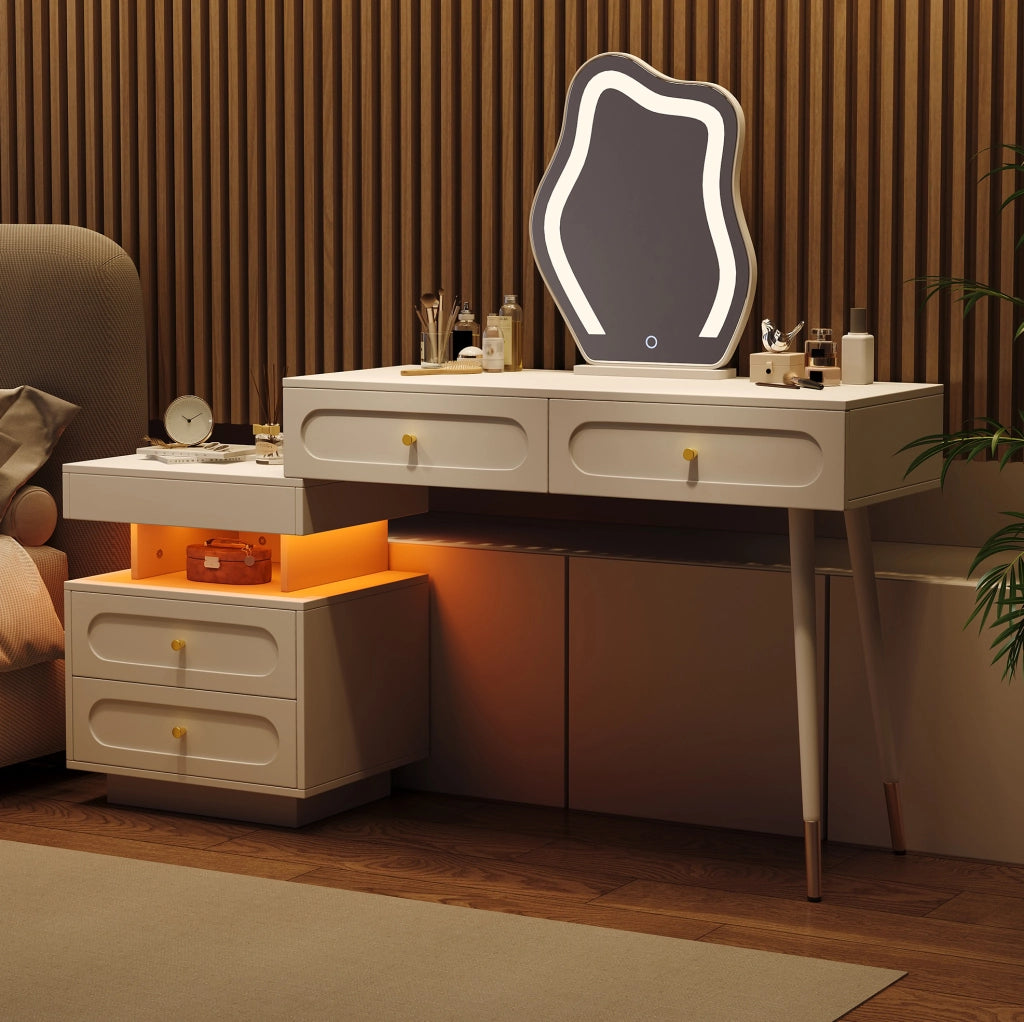 Toeletta con specchio LED 140x40x130 cm con 4 cassetti bianca HAVRYA