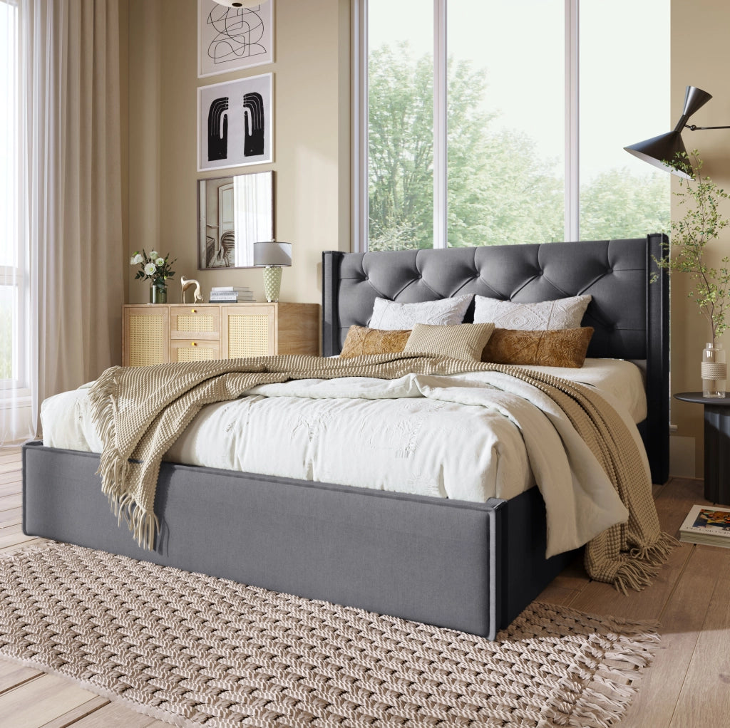 Letto matrimoniale imbottito con contenitore 140x200 cm in cotone; grigio