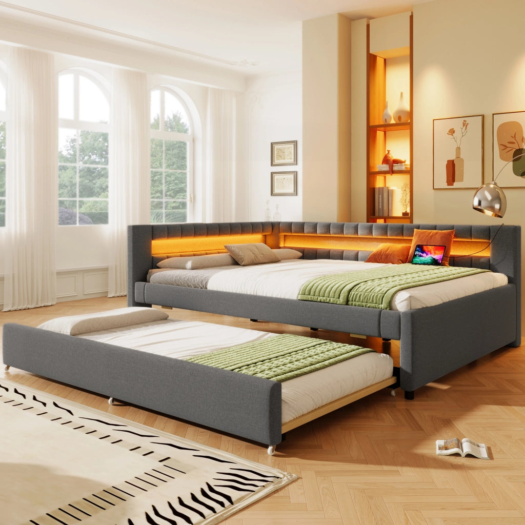 Letto divano 140 × 200 cm 3 posti con letto estraibile 90 × 190 cm; LED; USB e Type-C; senza materasso; grigio
