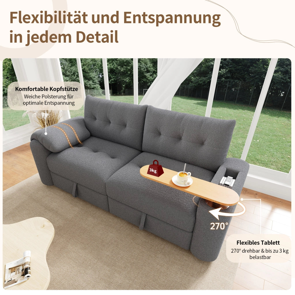 Divano modulare 2-3 posti con contenitore; poggiatesta e tavolino laterale; 207;5 cm; grigio