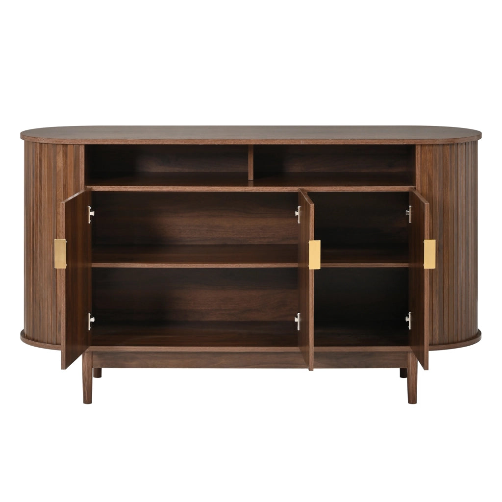 Credenza a 3 ante con frontale a righe verticali; corpo in MDF e PB; piedi in pino; color noce; 140 × 40 × 78 cm