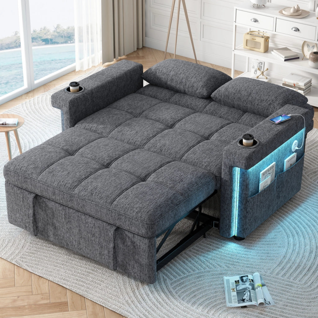DIVANO LETTO 2 Posti 145 x 141,5 cm Chenille Grigio LED USB Type-C
