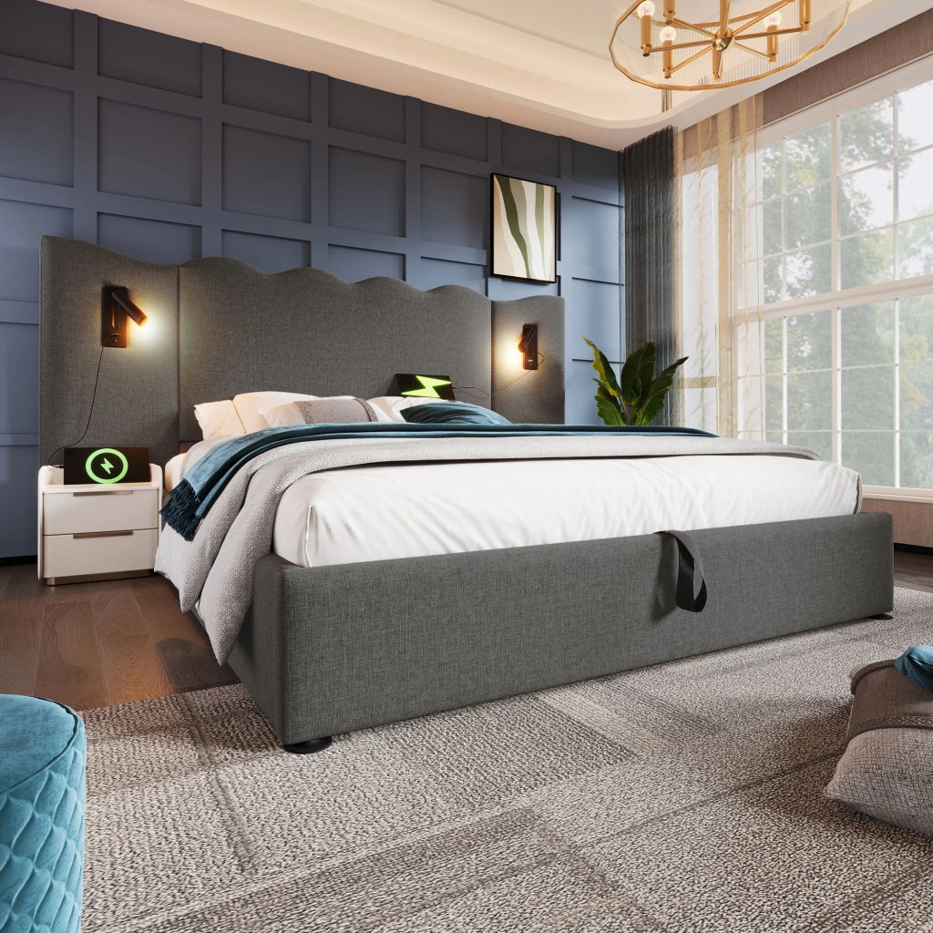 Letto matrimoniale contenitore 160 × 200 cm con lampada USB e Type-C in metallo legno e lino grigio