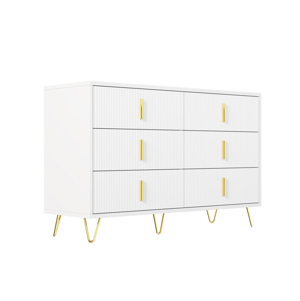 Sideboard bianco con piedini dorati, 120x77x40 cm con sei cassetti e design moderno