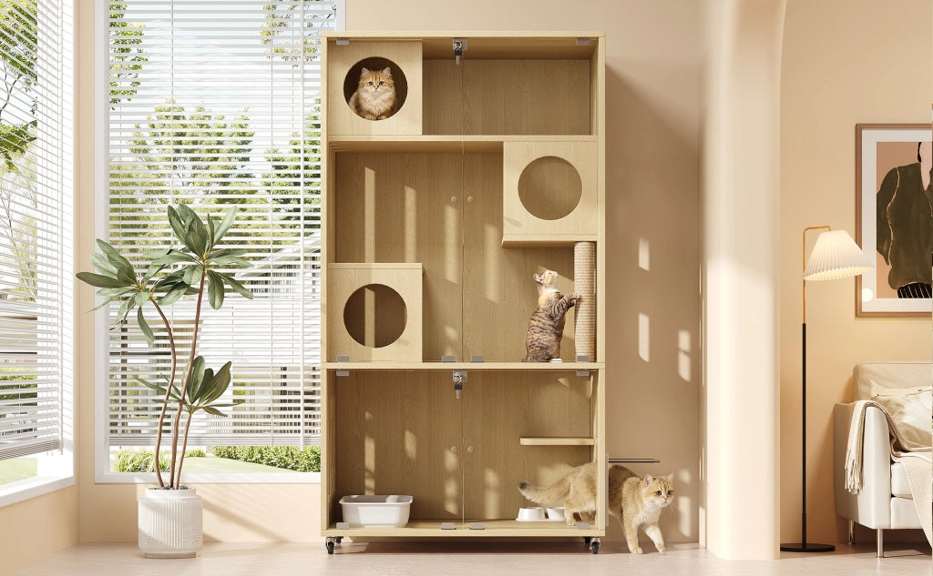 Villa per gatti da interno e gabbia per cincillà in legno naturale 90x50x166 cm