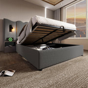 Letto matrimoniale contenitore 160 × 200 cm con lampada USB e Type-C in metallo legno e lino grigio