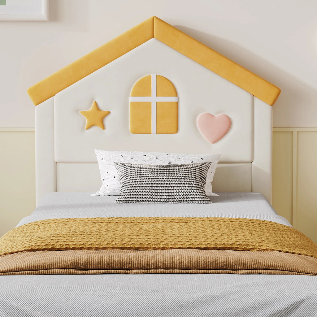 Letto per bambini imbottito 90 × 200 cm con 4 cassetti in velluto beige testiera a casetta rete a doghe