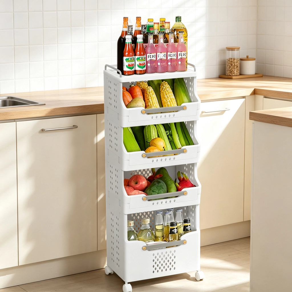 Carrello portaoggetti mobile in polipropilene grigio crema con ruote e freni