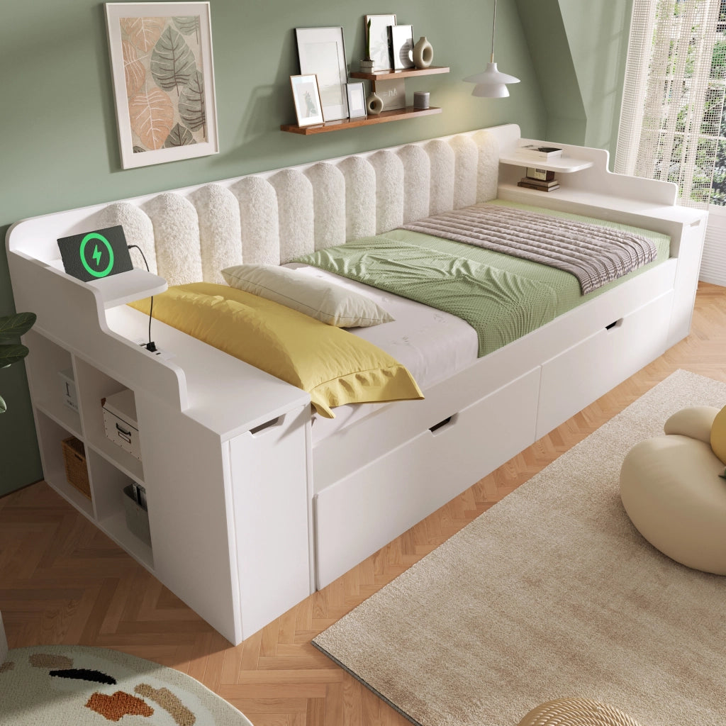 Letto estraibile 90x200 cm; divano letto con secondo letto; rete a doghe metalliche; stazione di ricarica; contenitore; sherpa; bianco