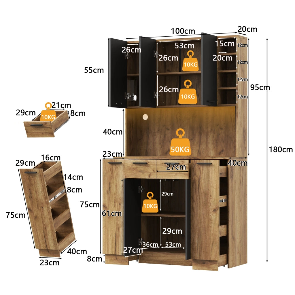 Credenza da cucina alta LED con 4 cassetti verticali e presa, per cucina, MDF nero naturale, 100 × 40 × 180 cm