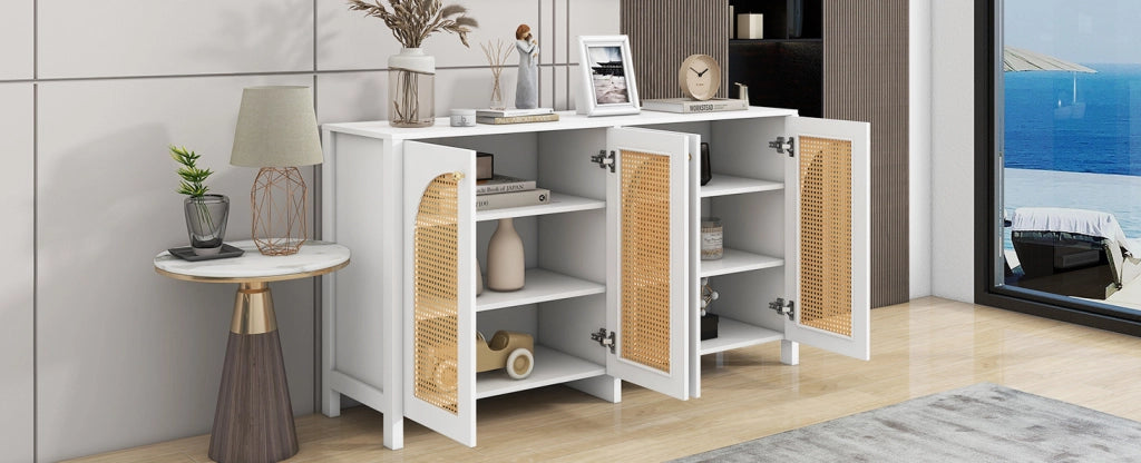 Sideboard moderno con 4 porte in rattan sintetico bianco, maniglie in metallo, per soggiorno, sala da pranzo o cucina