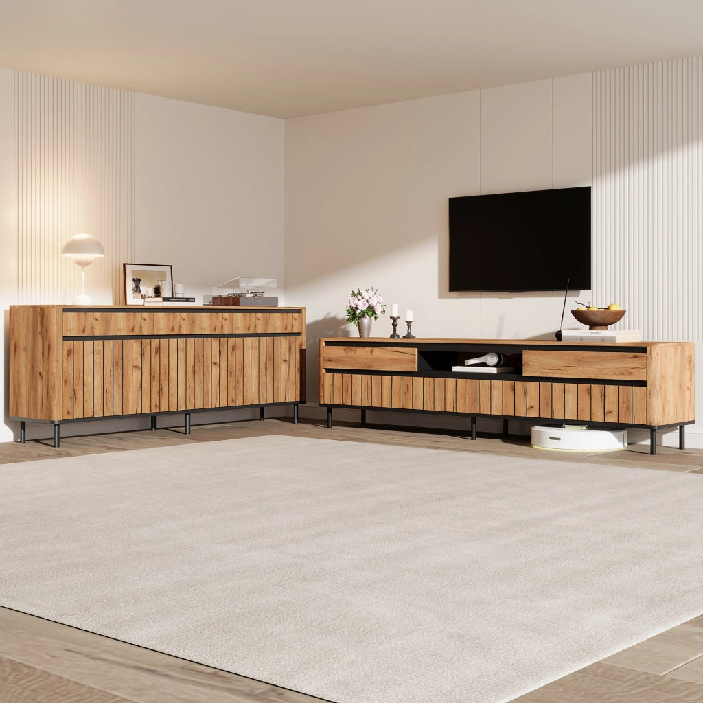 Set soggiorno con credenza 160 x 40 x 73 cm e mobile TV 180 x 40 x 52 cm, finitura naturale con dettagli neri