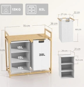 Cesto biancheria 4 scomparti 70x36x70 cm bambù bianco con 2 sacchi e ripiano