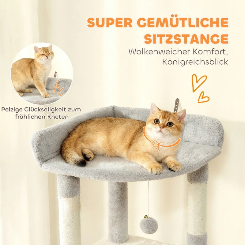 Tiragraffi alto 170 cm con tunnel verticale; 2 cucce; amaca; scala e pali in sisal; grigio chiaro per 1-3 gatti