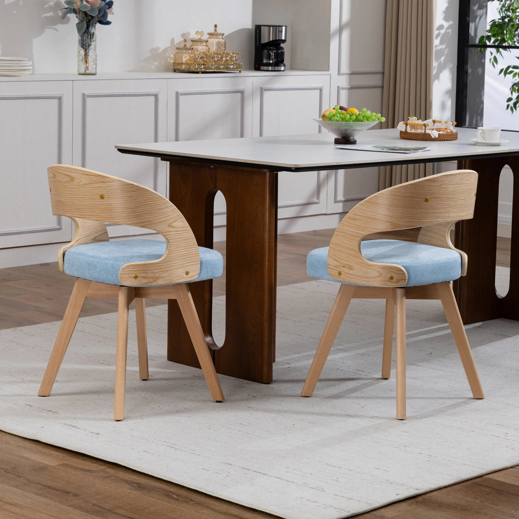 Set 2 sedie da pranzo girevoli a 360° in lino blu con gambe in faggio HOMVRA