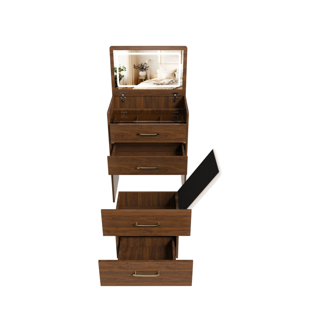 Toeletta con specchio apribile; 3 cassetti; vano contenitore e sgabello; per camera da letto; in MDF; noce; 60×40×118 cm