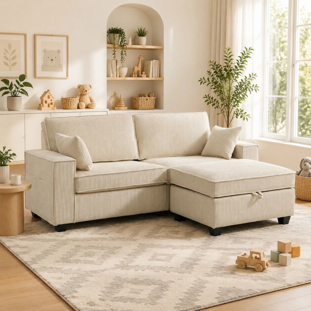 Divano modulare 3 posti in velluto a coste beige con pouf contenitore