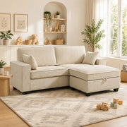 Divano modulare 3 posti in velluto a coste beige con pouf contenitore
