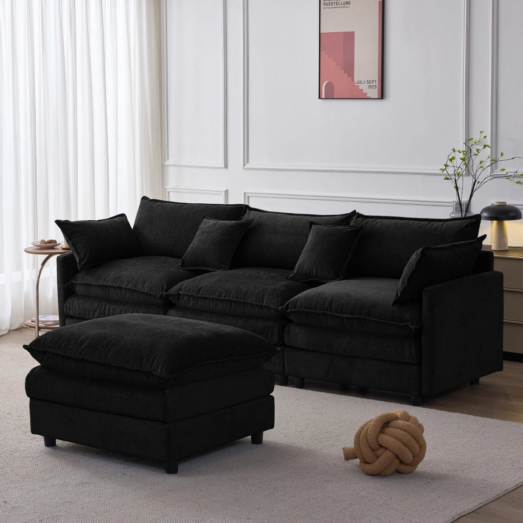 Divano angolare modulare a L 3 posti con pouf; in ciniglia premium; 267 cm; nero