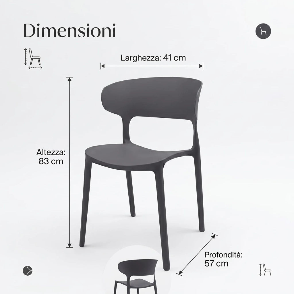 Set 4 Sedie ONDINA in Polipropilene Antracite, Schienale Ampio e Avvolgente, per Interni ed Esterni, 41 x 57 x 83 cm