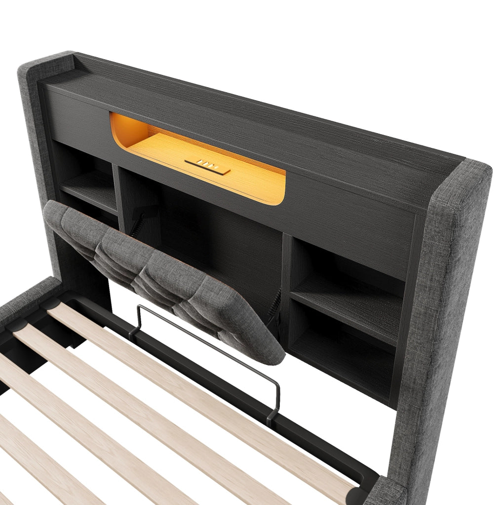 Letto contenitore 90x200 cm grigio con LED, USB/USB-C e testiera con ripiani